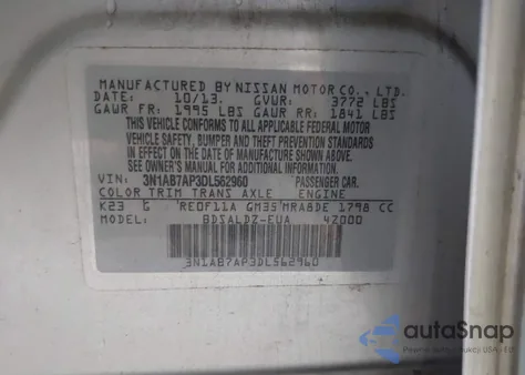 2013 Nissan Sentra Sv z USA, uszkodzony, nr VIN 3N1AB7AP3DL562960